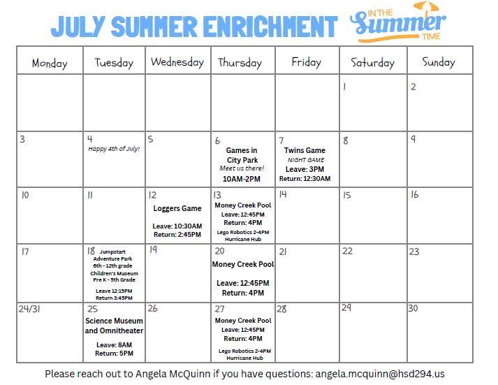 Summer Enrichment Calendar